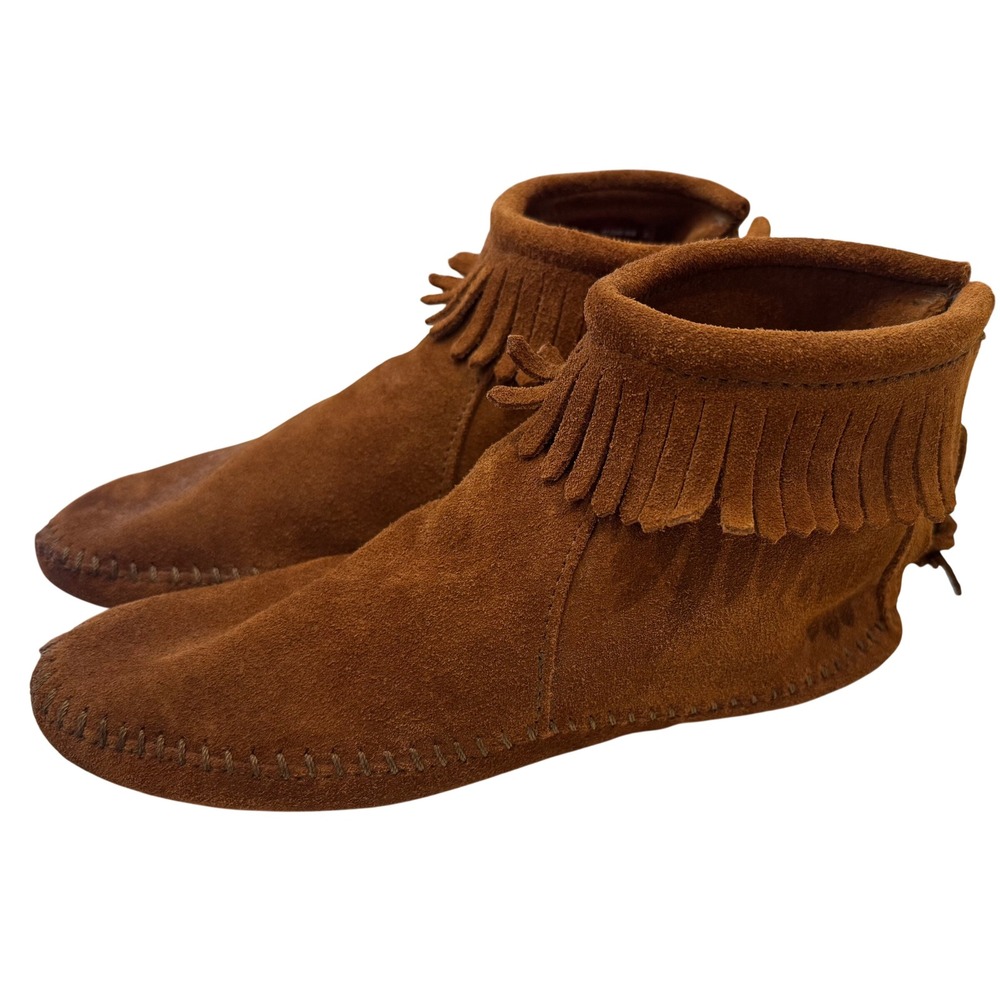 Minnetonka 182 Brown Suede Fringe Back Zip Moccasin Boot Softsole Womens Size 8